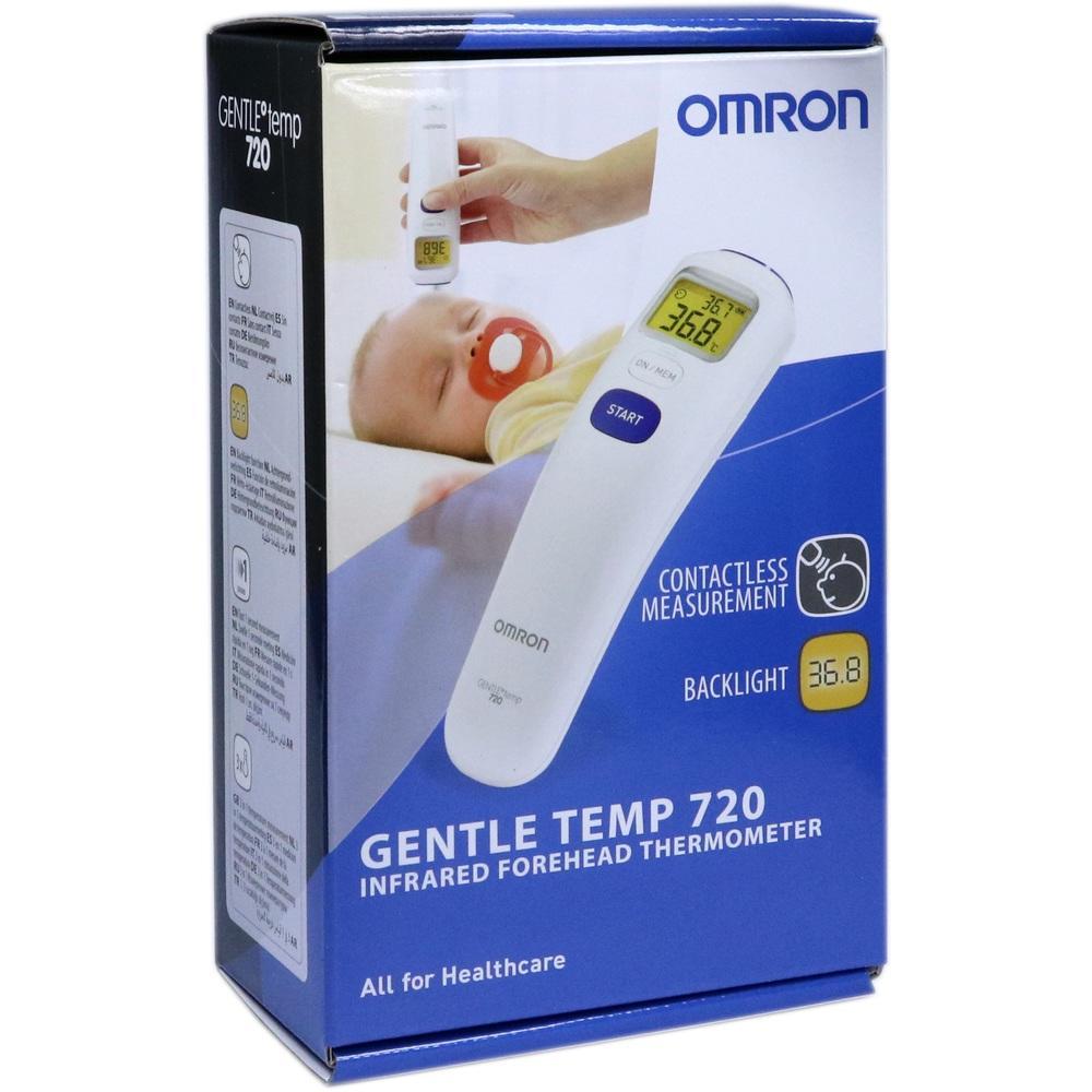 Auf der Verpackung sieht man ein kontaktloses Fieberthermometer f&uuml;r Babys.