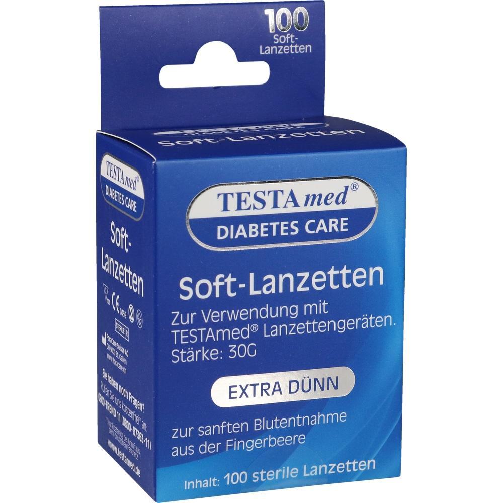 Blaue Packung mit 100 sterilen Soft-Lanzetten f&uuml;r Blutzuckermessung.