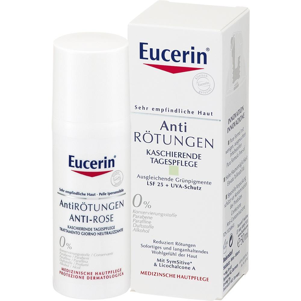 Eine wei&szlig;e Cremeflasche und eine Verpackung von Eucerin Anti-R&ouml;tungen Tagespflege.