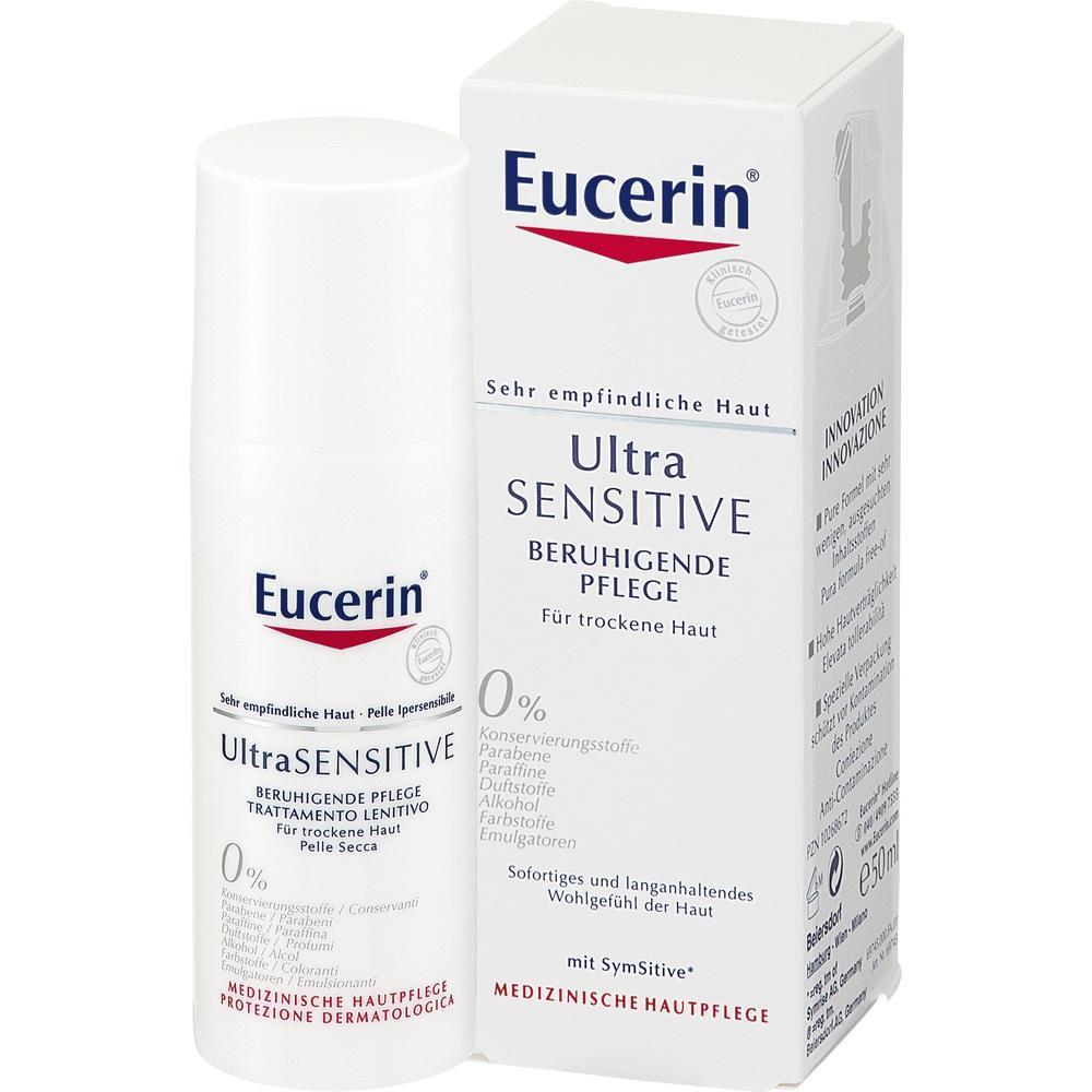 Eine Eucerin-Flasche mit beruhigender Pflege f&uuml;r empfindliche, trockene Haut.