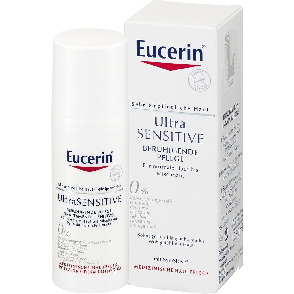 Eine wei&szlig;e Flasche und Box einer beruhigenden Hautpflege von Eucerin f&uuml;r empfindliche Haut.