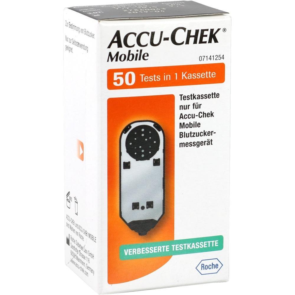 Schachtel mit Testkassette für Accu-Chek Mobile Blutzuckermessgerät.