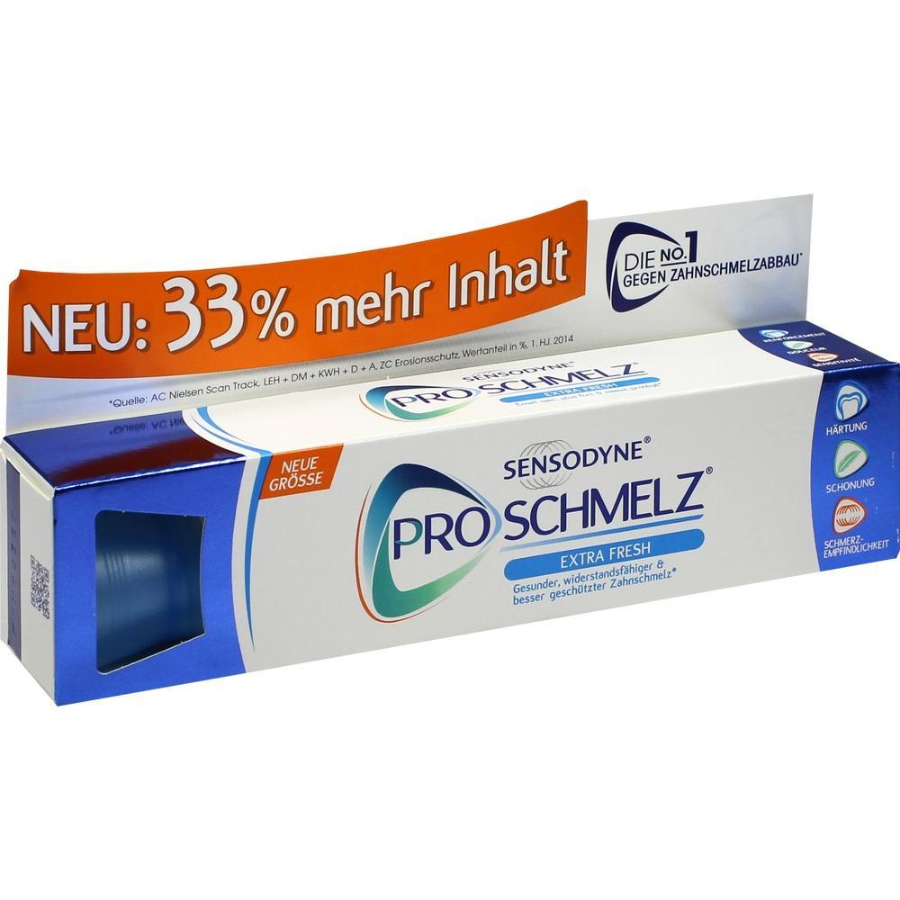 Eine Sensodyne ProSchmelz Zahnpasta-Packung mit extra Inhalt.