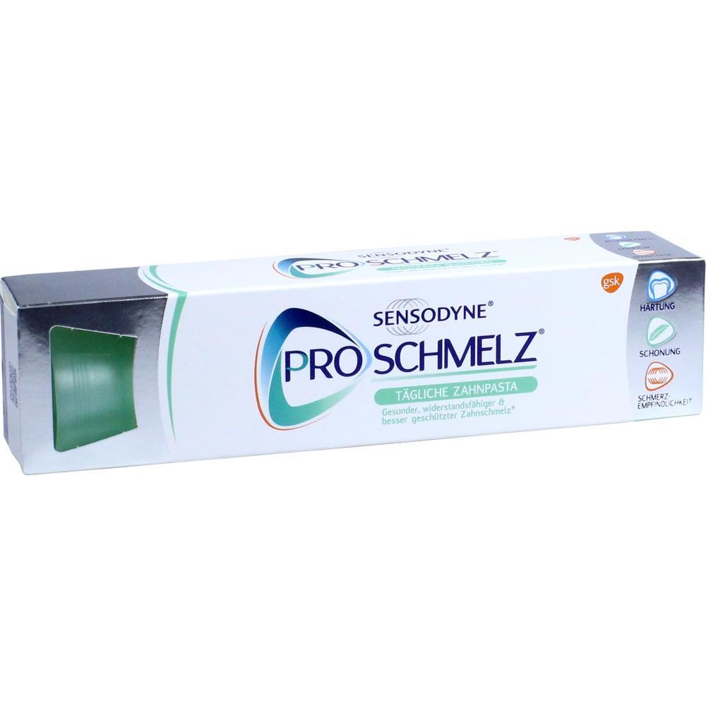 Wei&szlig;e Zahnpasta-Packung von Sensodyne ProSchmelz mit blauem und gr&uuml;nem Design.