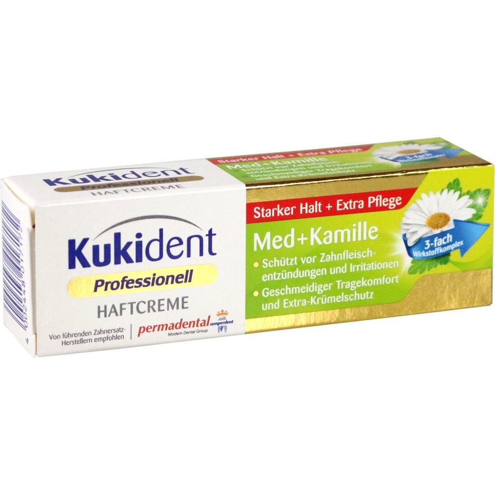 Verpackung einer Haftcreme mit Kamille und starkem Halt für Zahnersatz.