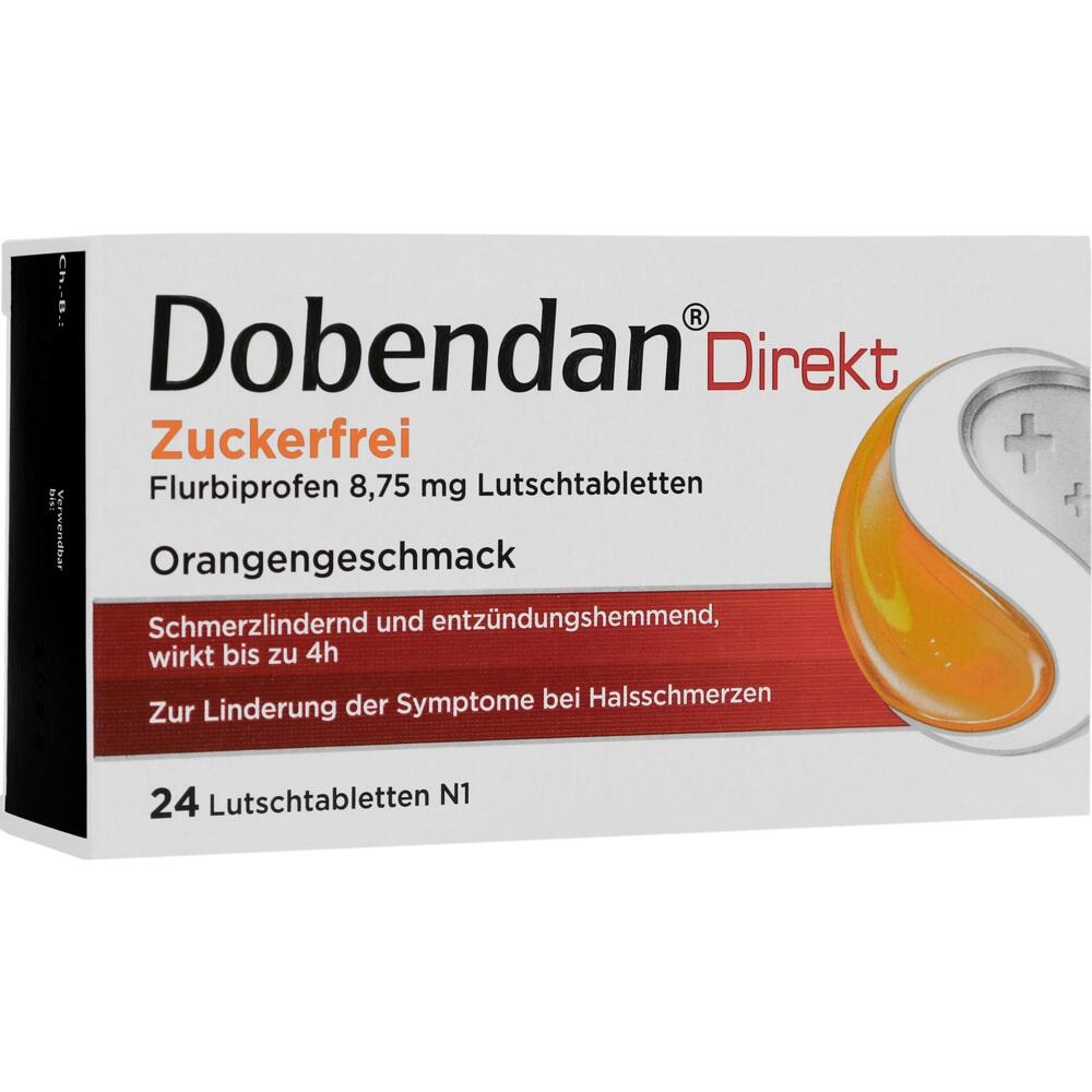 Auf der Packung steht "Dobendan Direkt", Lutschtabletten mit Orangengeschmack gegen Halsschmerzen.