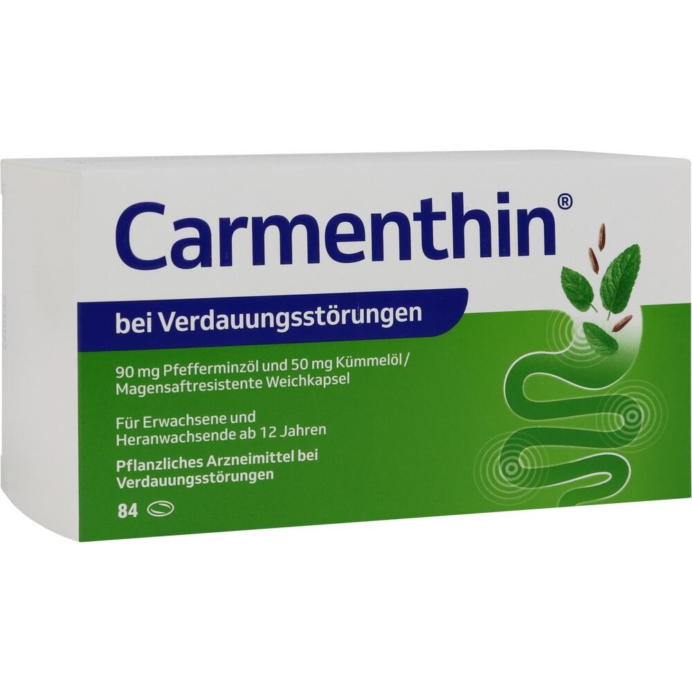 Verpackung von Carmenthinkapseln gegen Verdauungsst&ouml;rungen mit Pfefferminz und K&uuml;mmel&ouml;l.