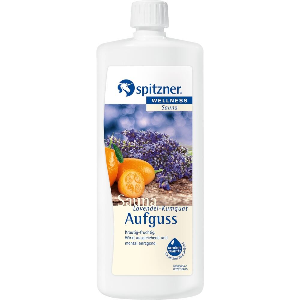 Eine Flasche mit Lavendel-Kumquat Saunaaufguss von Spitzner.