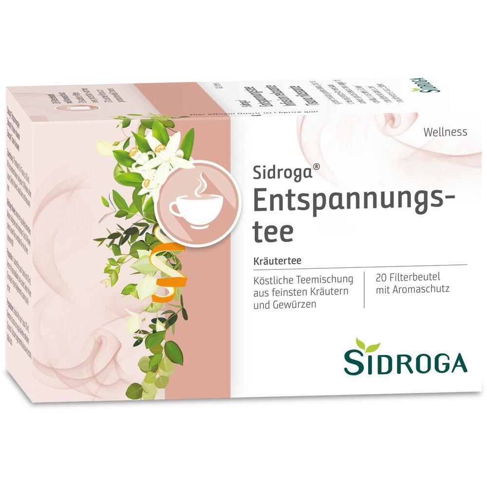 Eine Packung "Sidroga Entspannungstee" mit Kr&auml;utern und 20 Teebeuteln ist abgebildet.