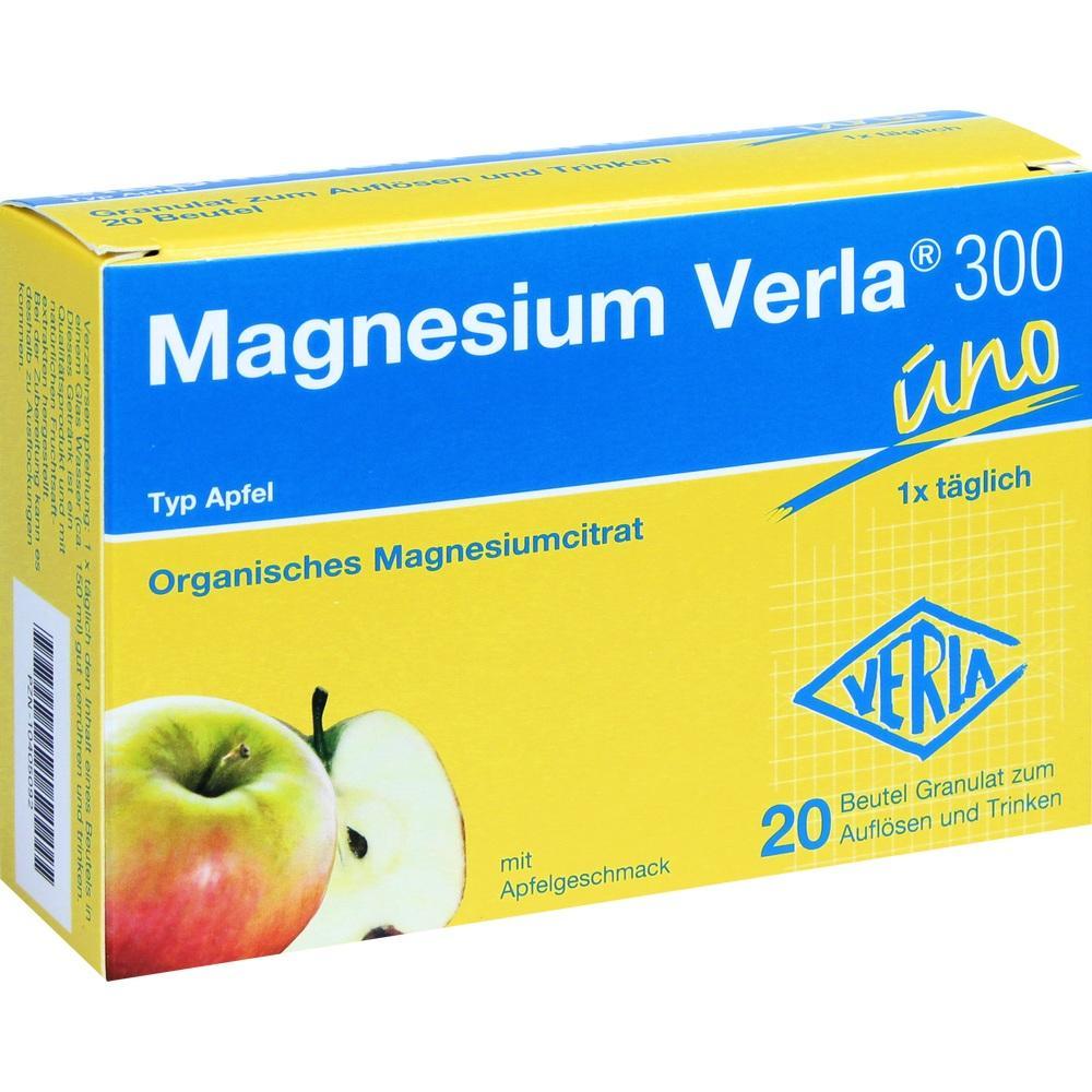 Eine gelbe Packung Magnesium-Granulat mit Apfelgeschmack zum Aufl&ouml;sen und Trinken.