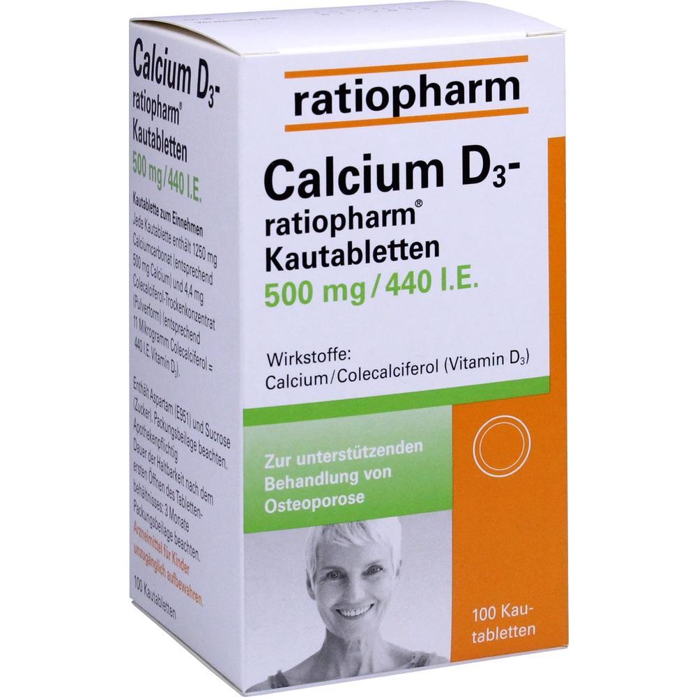 Verpackung einer Calcium-D3-Kautablette von ratiopharm zur Unterst&uuml;tzung bei Osteoporose.