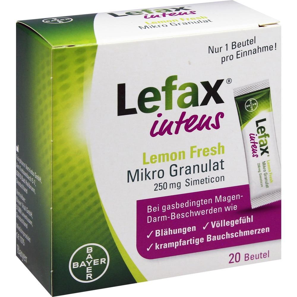 Verpackung von Lefax intens Mikro Granulat Lemon Fresh gegen Bl&auml;hungen und Bauchschmerzen.