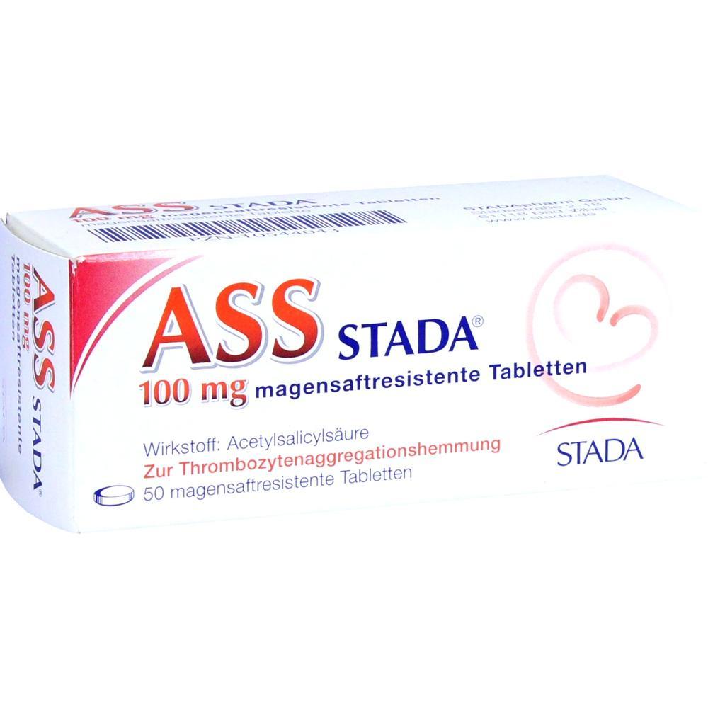 Verpackung von ASS Stada mit 100 mg magensaftresistenten Tabletten.