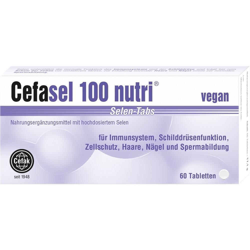 Wei&szlig;e Packung von veganen Cefasel 100 nutri Selen-Tabletten zur Unterst&uuml;tzung von Gesundheit.