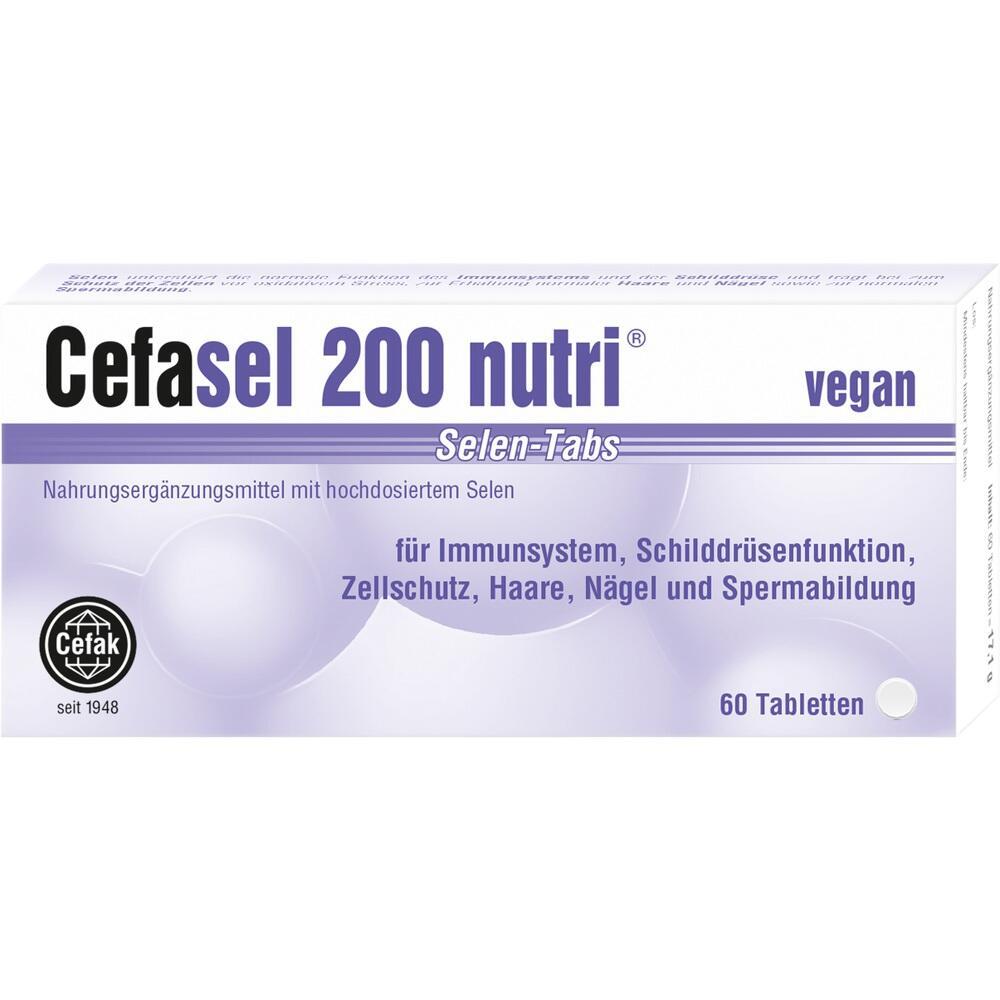 Weiße Packung von Cefasel 200 nutri Selen-Tabletten, vegan, 60 Stück.