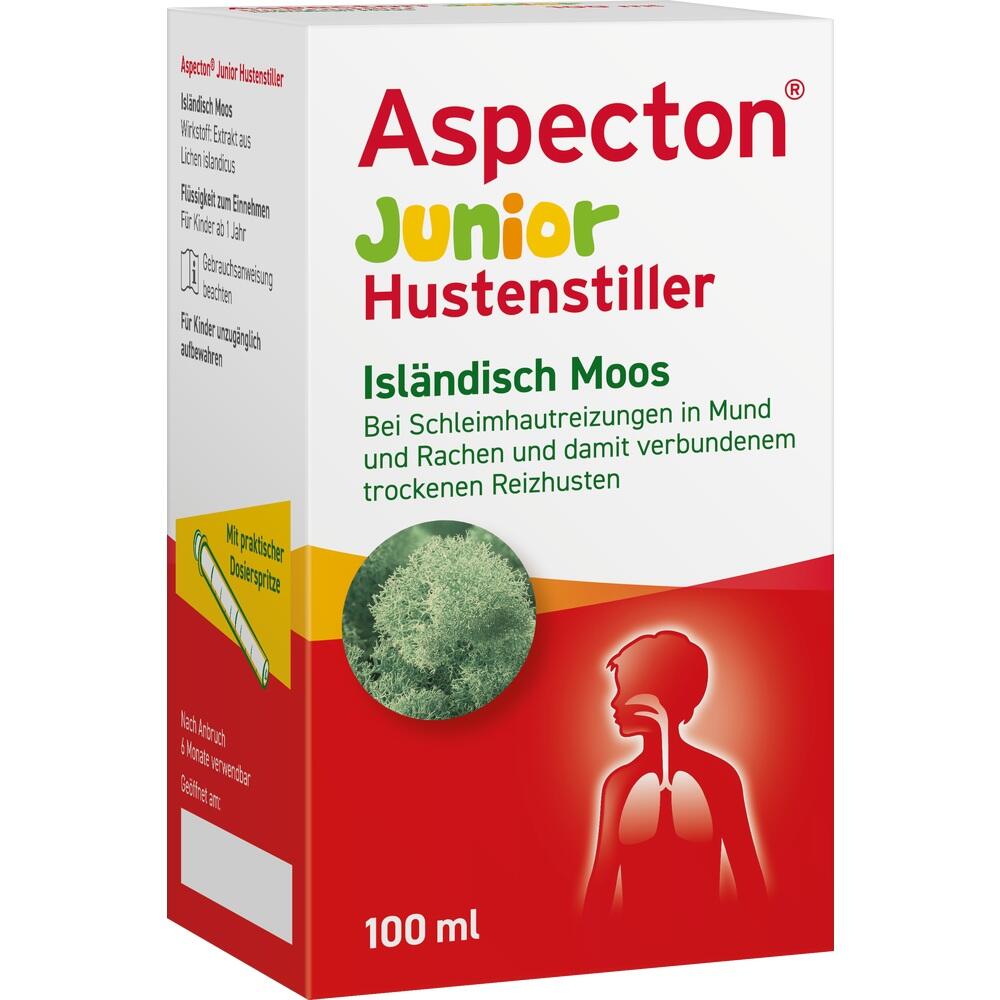Eine Verpackung von Aspecton Junior Hustensaft mit isl&auml;ndischem Moos.