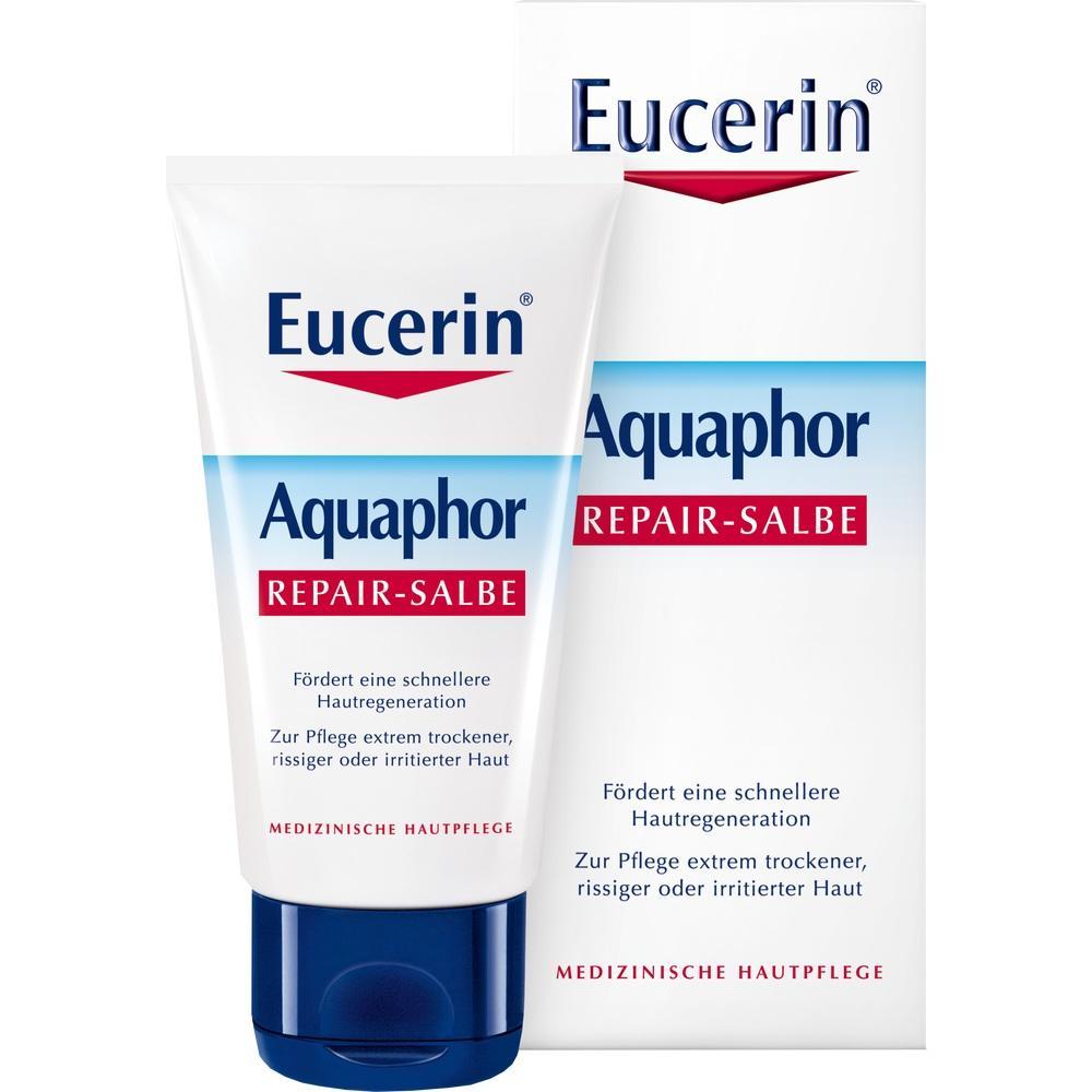 Eine Tube und Verpackung von Eucerin Aquaphor Repair-Salbe sind abgebildet.