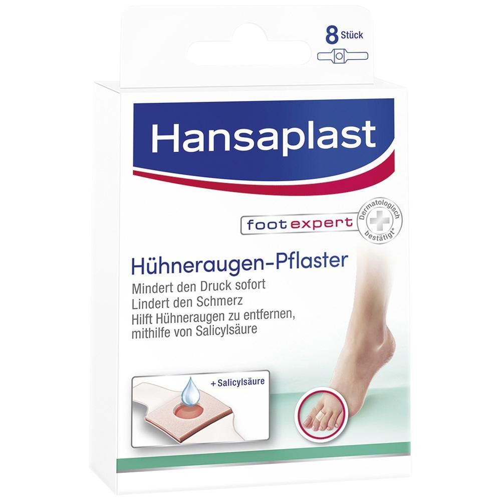 Eine Packung H&uuml;hneraugen-Pflaster der Marke Hansaplast f&uuml;r die Fu&szlig;pflege.