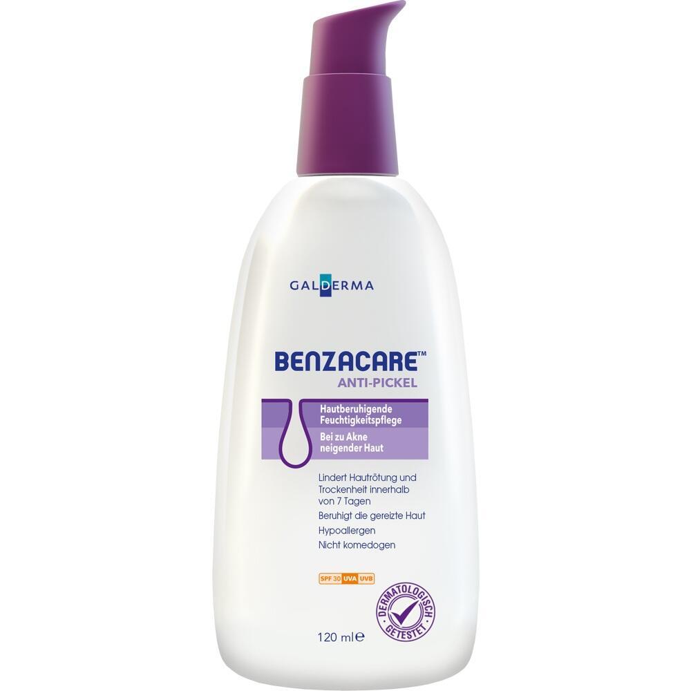 Wei&szlig;e Flasche mit lila Pumpe, Aufschrift "Benzacare Anti-Pickel" zur Hautpflege.