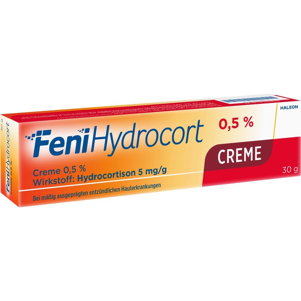 Eine orange-wei&szlig;e Creme-Verpackung mit der Aufschrift "FeniHydrocort".