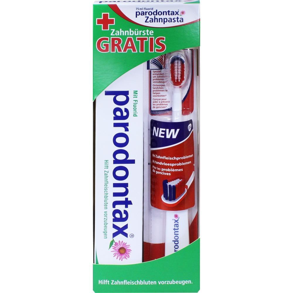 Zahnpasta-Packung mit eingebauter Zahnb&uuml;rste, die Parodontose vorbeugt.