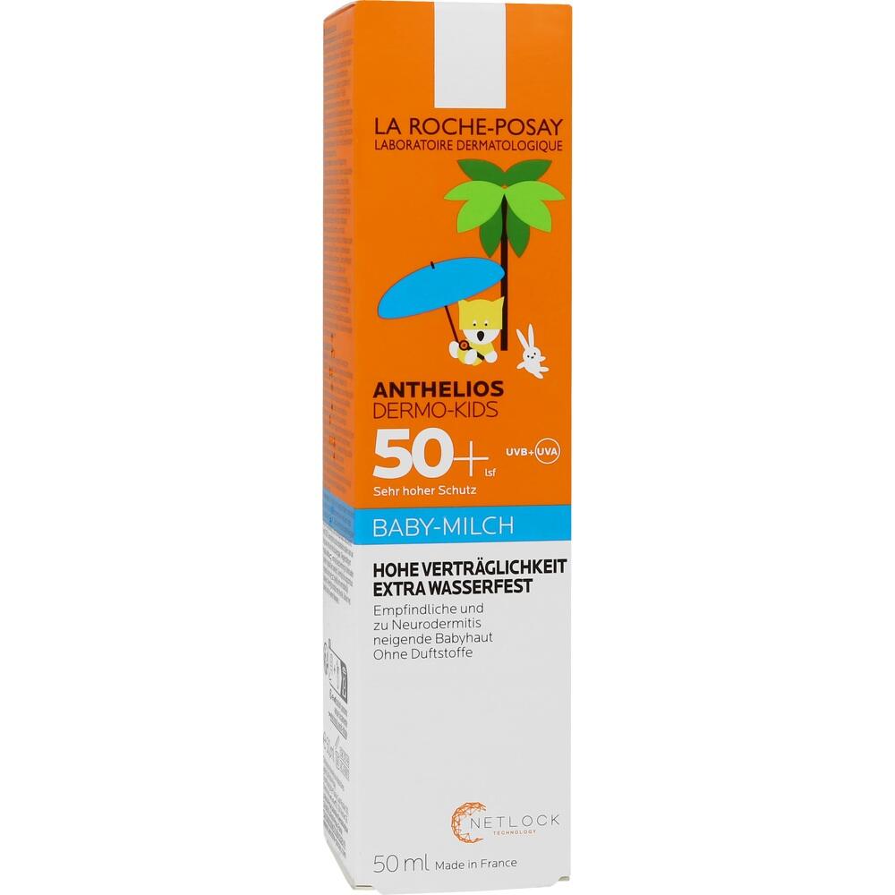 Wei&szlig;e Verpackung einer Baby-Sonnencreme mit LSF 50+ von La Roche-Posay.