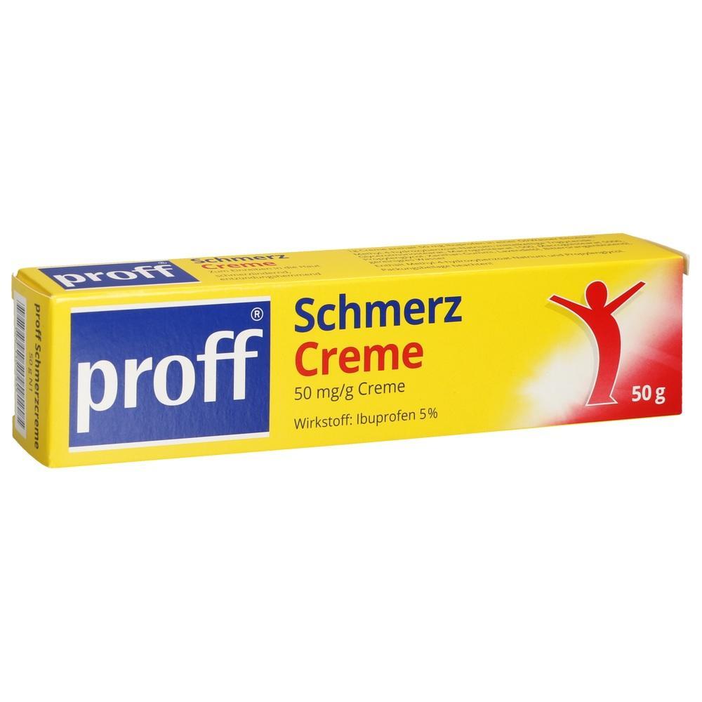 Gelbe Packung einer Schmerzcreme mit Ibuprofen.