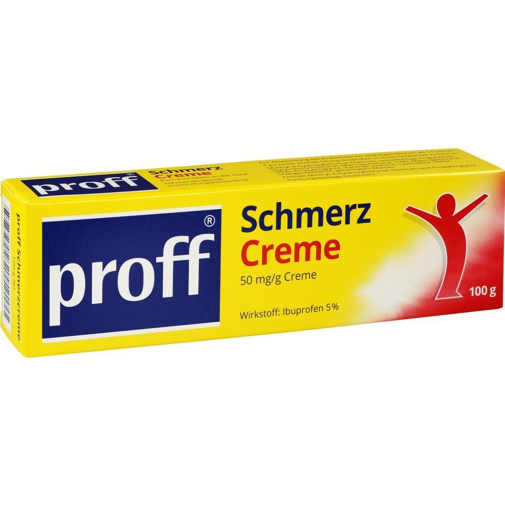 Gelbe Packung einer Schmerzcreme mit der Aufschrift "proff" und roter Figur.