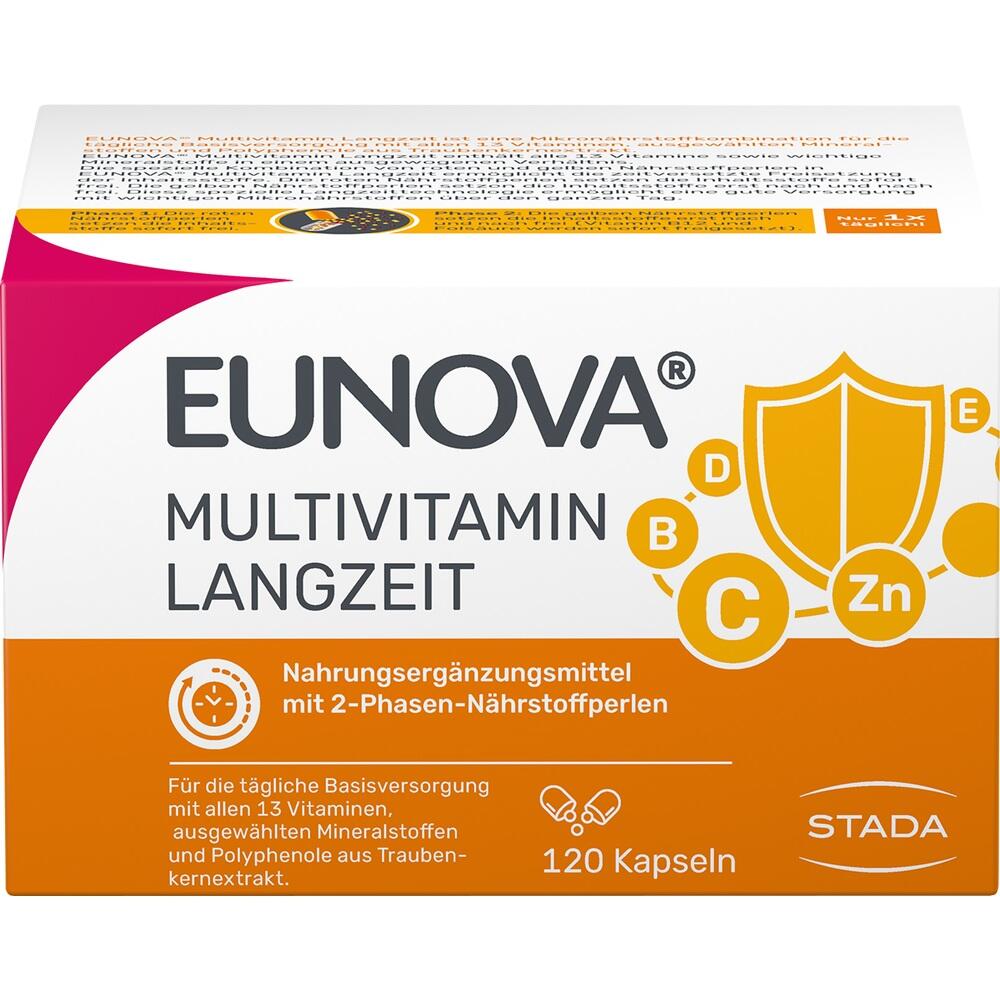 Eine Packung Multivitamin-Kapseln von Eunova mit 120 Kapseln.