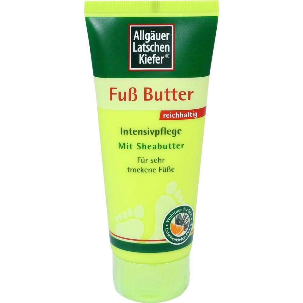 Eine gelb-gr&uuml;ne Tube Fu&szlig;creme f&uuml;r trockene F&uuml;&szlig;e mit Sheabutter.