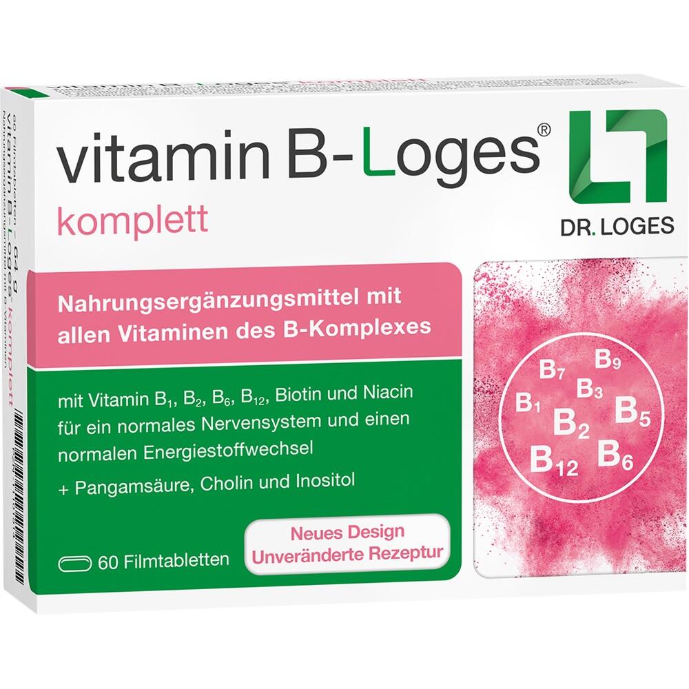 Verpackung von Vitamin-B-Komplex mit 60 Tabletten für Nerven und Energie.
