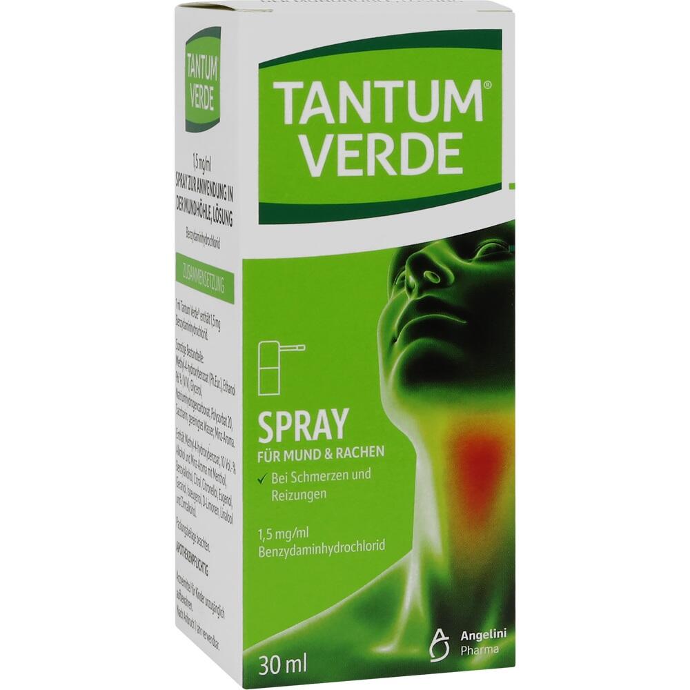Eine gr&uuml;ne Verpackung von Tantum Verde Mund- und Rachenspray, 30 ml.