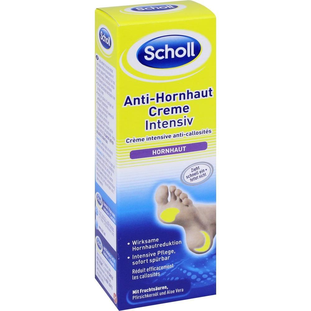 Gelbe Schachtel mit Scholl Anti-Hornhaut Creme f&uuml;r Fu&szlig;pflege.
