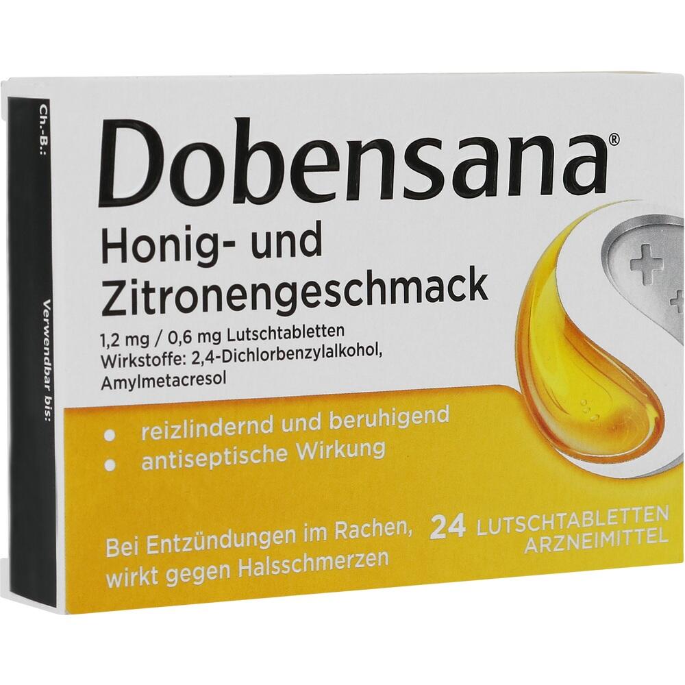 Verpackung von Dobensana Lutschtabletten mit Honig- und Zitronengeschmack.