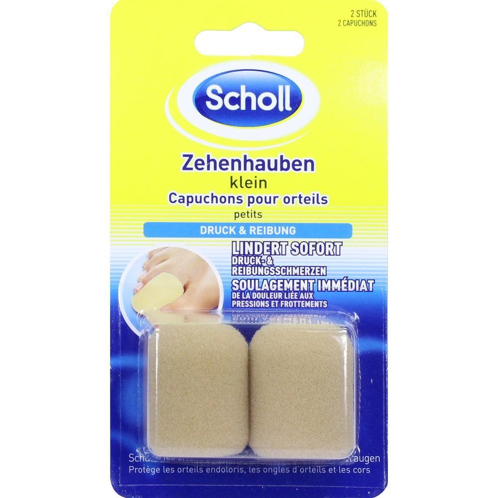 Zwei beige Zehenhauben von Scholl in einer gelben Verpackung.
