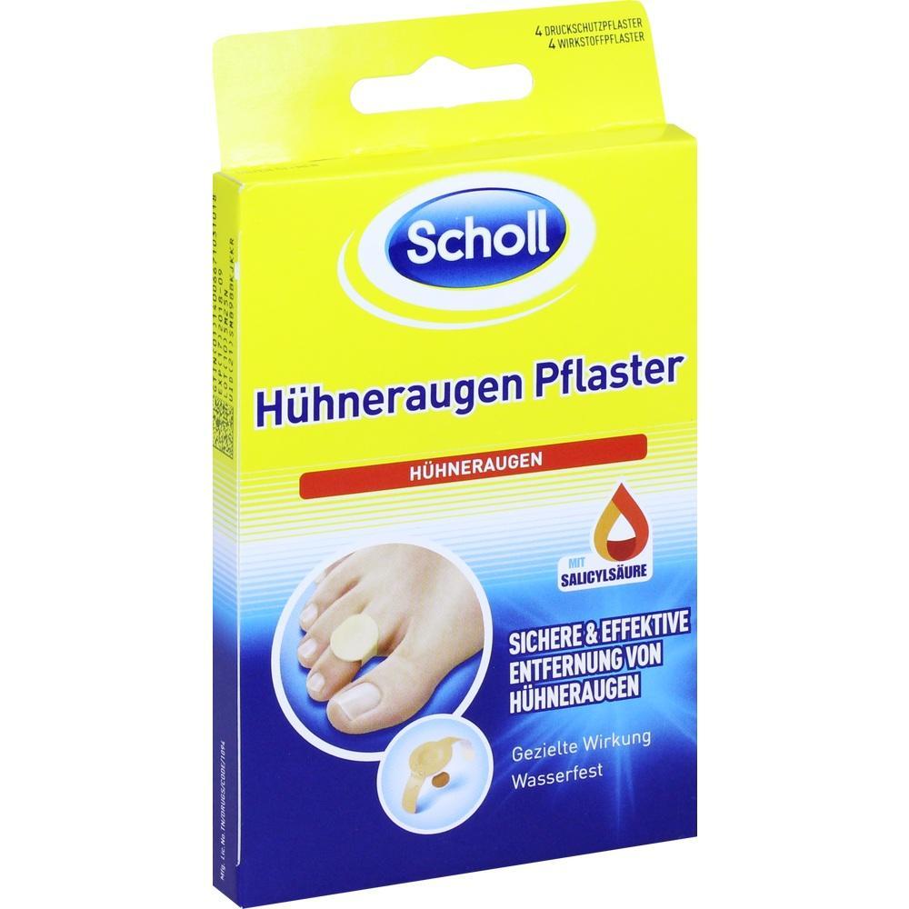 Gelbe Packung von Scholl mit H&uuml;hneraugen-Pflastern f&uuml;r die Entfernung von H&uuml;hneraugen.