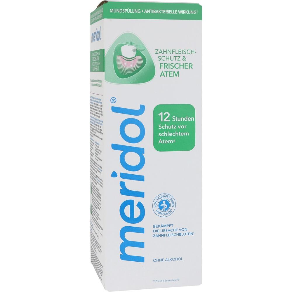 Wei&szlig;e Verpackung einer Mundsp&uuml;lung mit gr&uuml;nem und blauem Text.