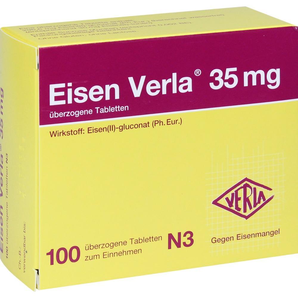 Gelbe Medikamentenverpackung mit der Aufschrift "Eisen Verla 35 mg".