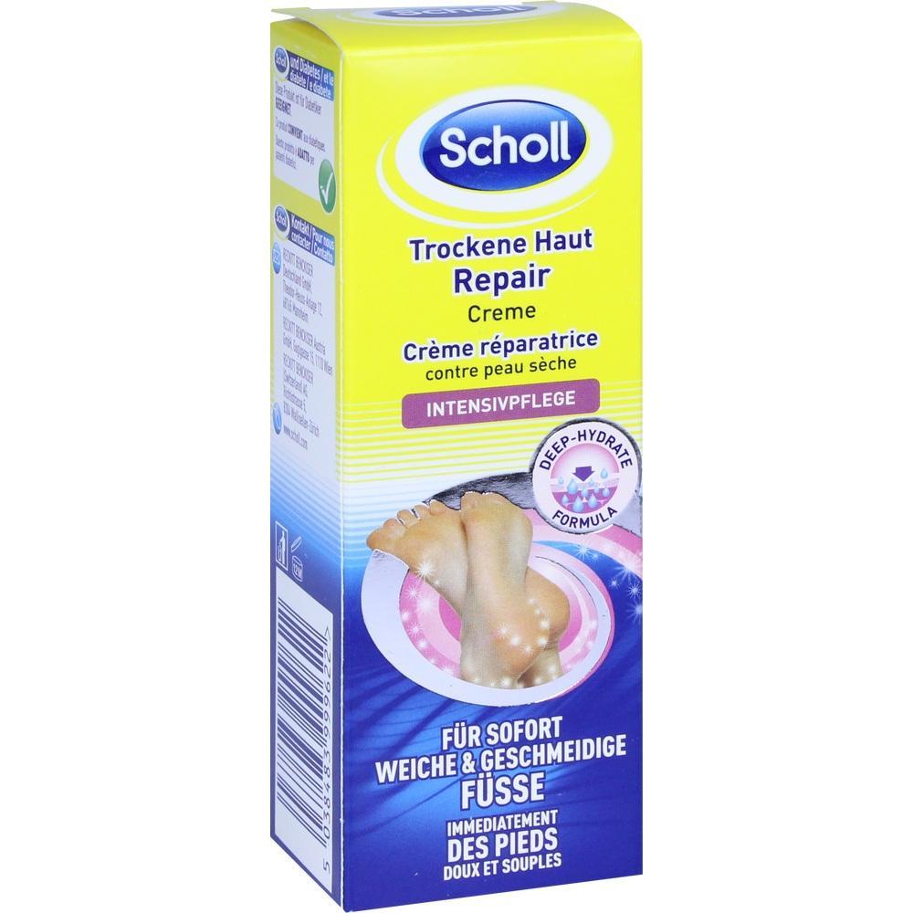 Eine gelbe Verpackung einer Creme f&uuml;r trockene Haut von Scholl ist abgebildet.