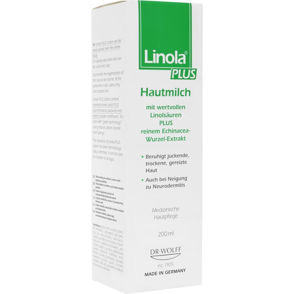 Ein wei&szlig;er Karton mit der Aufschrift "Linola Hautmilch" gegen trockene Haut.