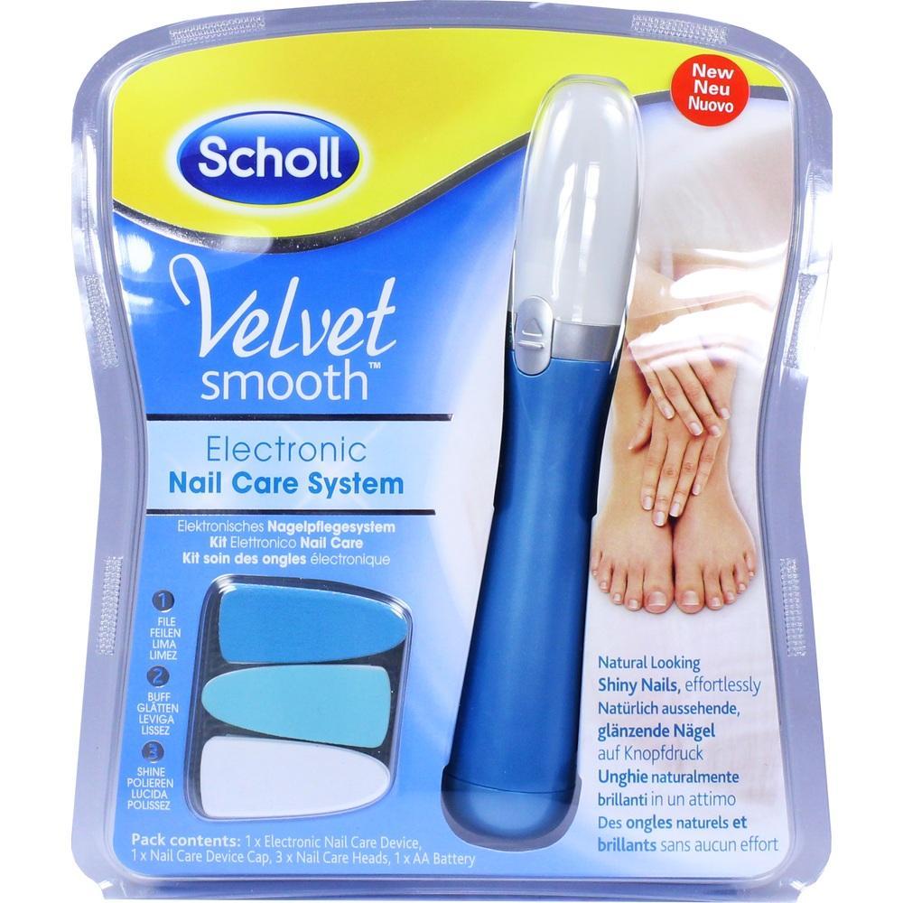 Elektrisches Nagelpflegeset von Scholl mit blauer Feile in einer Verpackung.