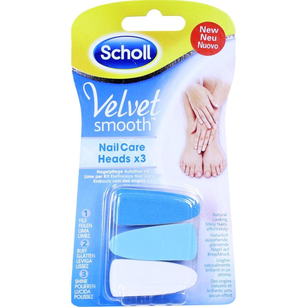 Drei Nagelpflege-Aufs&auml;tze in blau und wei&szlig; in einer Scholl-Verpackung.