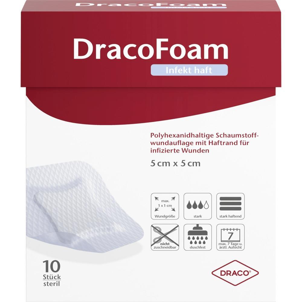 Verpackung von DracoFoam, einer Wundauflage f&uuml;r infizierte Wunden, 5 cm x 5 cm.