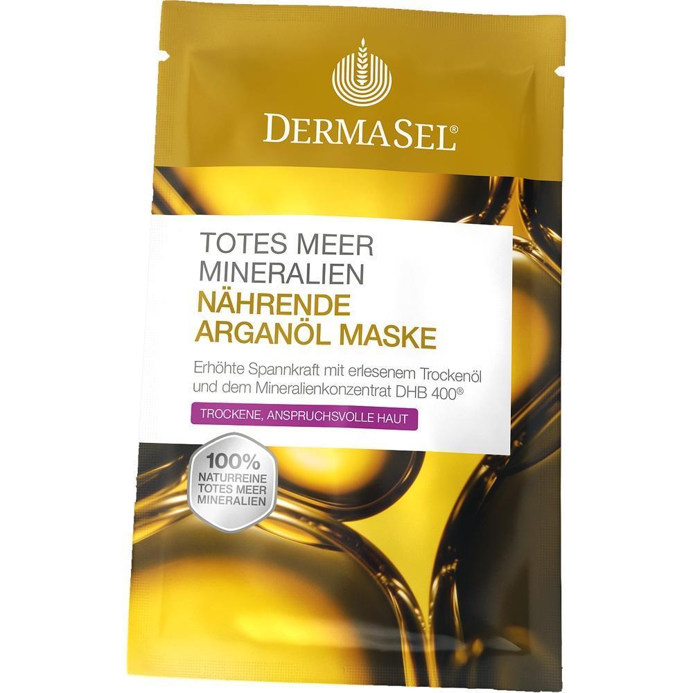 Goldene Verpackung einer Gesichtsmaske mit Arganöl und Totes Meer Mineralien.