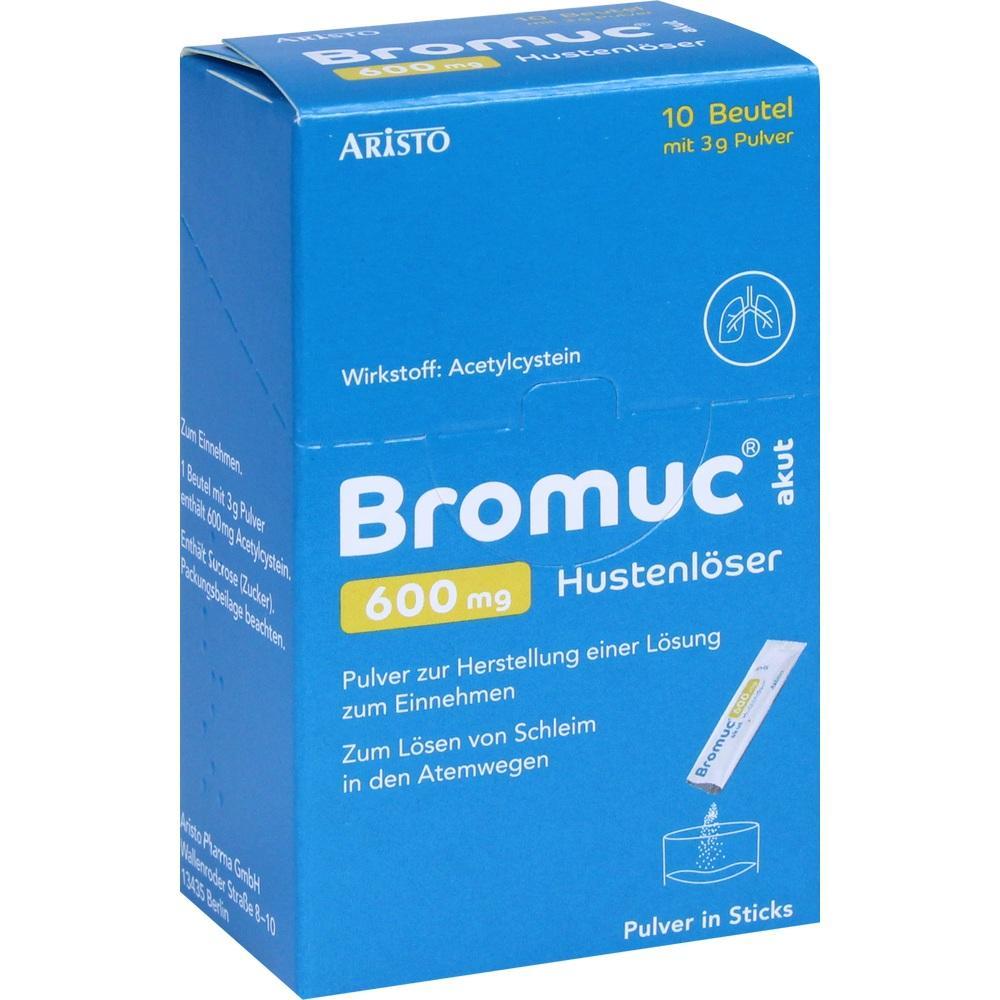 Blaue Packung Hustenl&ouml;ser mit der Aufschrift "Bromuc 600 mg".
