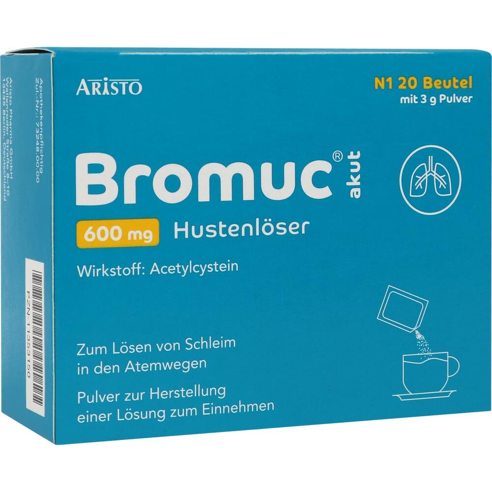 Blaue Packung eines Hustenl&ouml;sers mit 600 mg Acetylcystein in Pulverform.