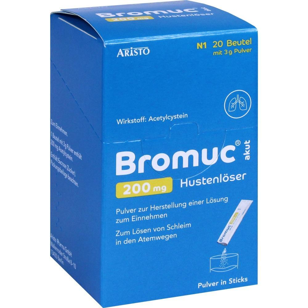 Eine blaue Packung Hustenl&ouml;ser-Pulver namens Bromuc mit 20 Beuteln.