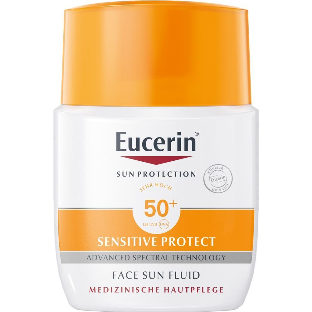 Eine Sonnencremetube von Eucerin mit LSF 50+ und orangefarbenem Deckel.