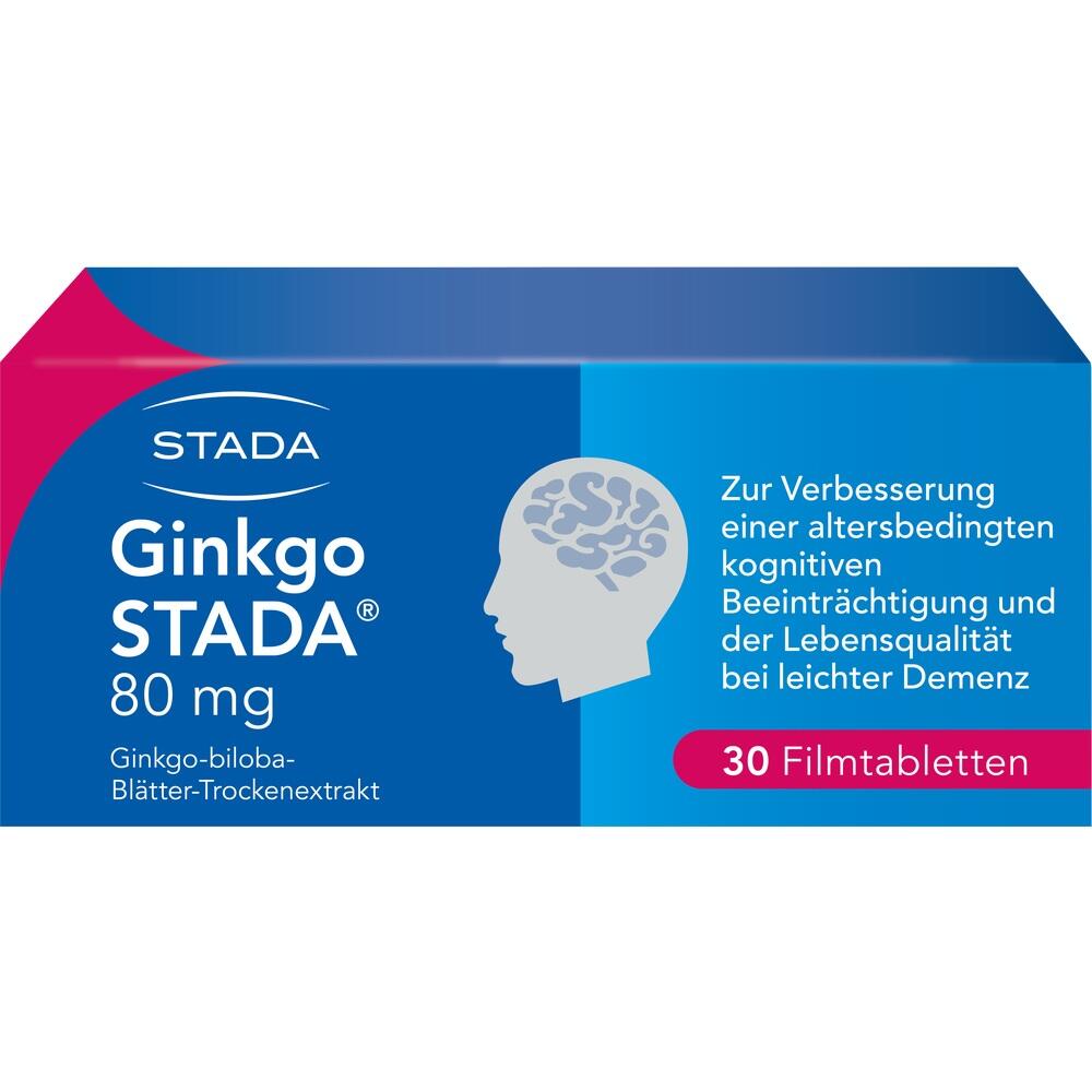 Verpackung von Ginkgo STADA Tabletten zur Unterst&uuml;tzung der kognitiven Funktion bei Demenz.