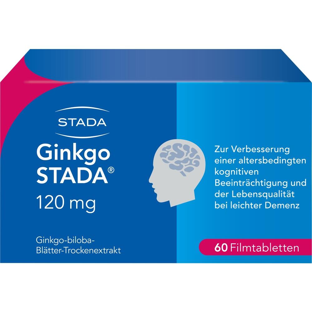 Verpackung von Ginkgo STADA mit Hinweis auf die Verbesserung der kognitiven Funktionen.